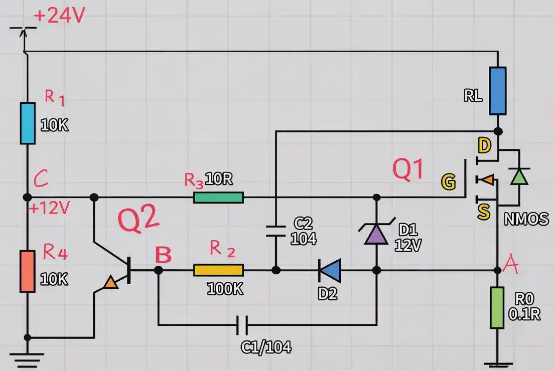 燒MOS,分立打嗝式自恢復保護電路