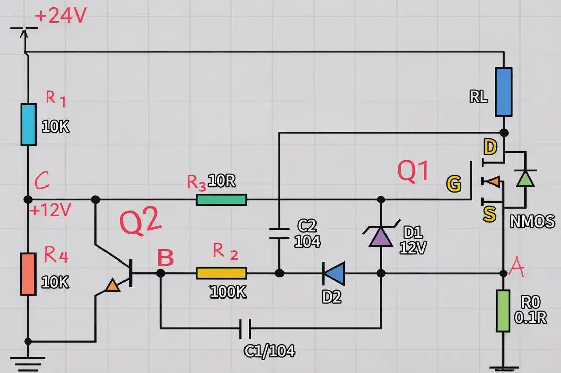 燒MOS,分立打嗝式自恢復保護電路
